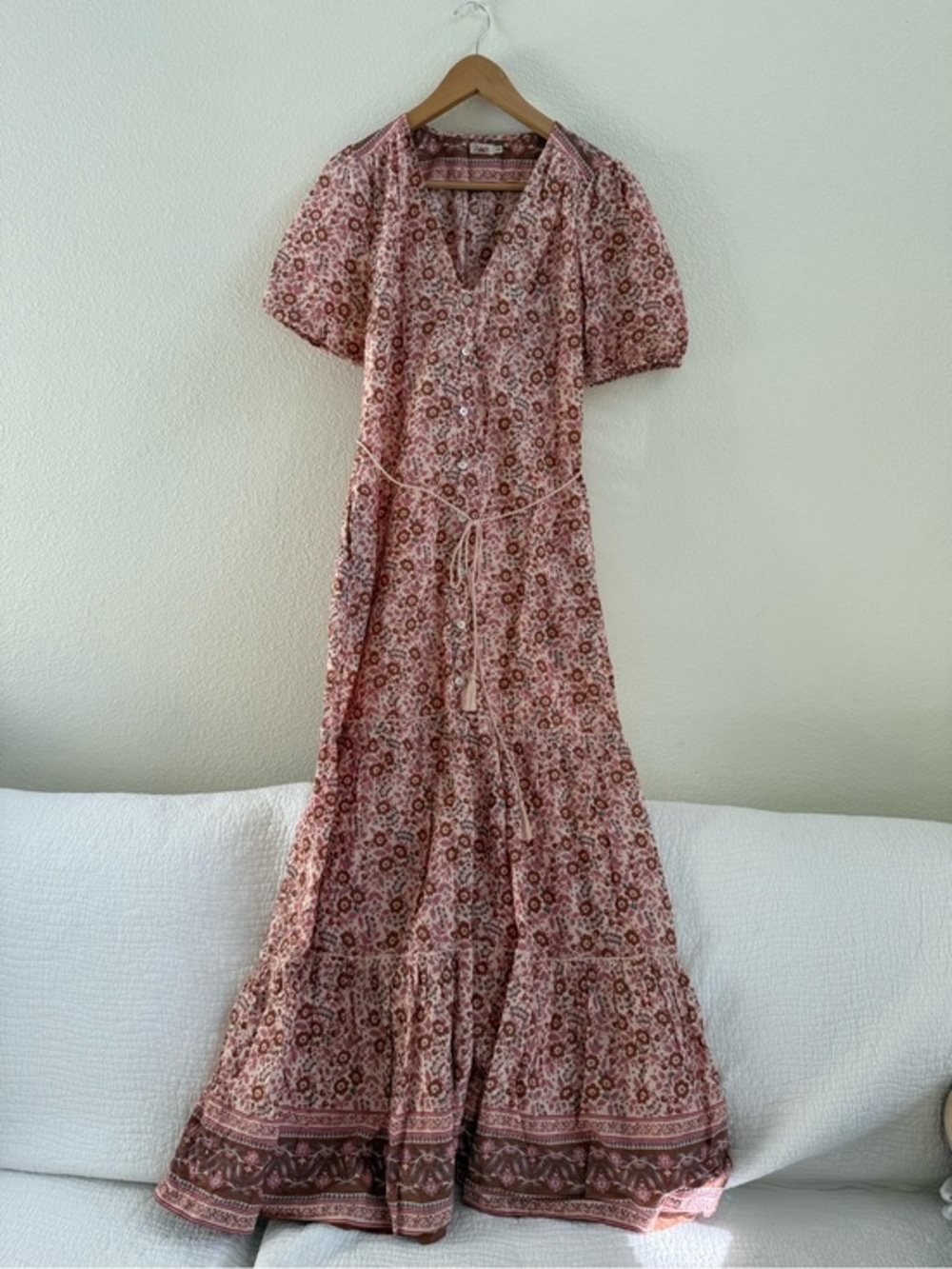 Faherty Orinda Maxi Dress Boho Block Print Belted Resort Vacation Size M